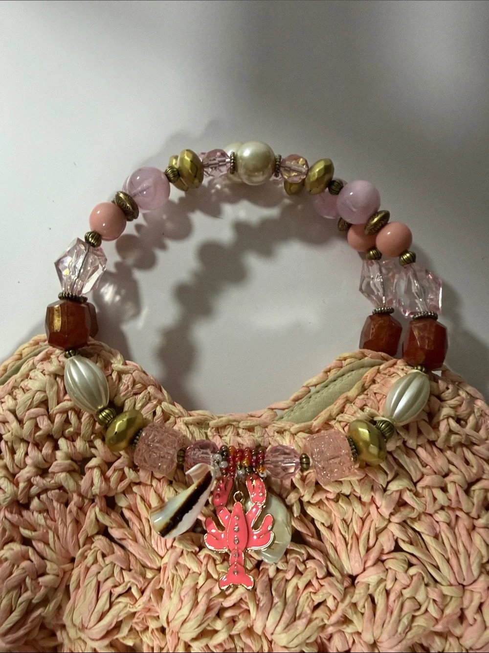 Capelli of New York Pink Crochet Beaded Handle Tote